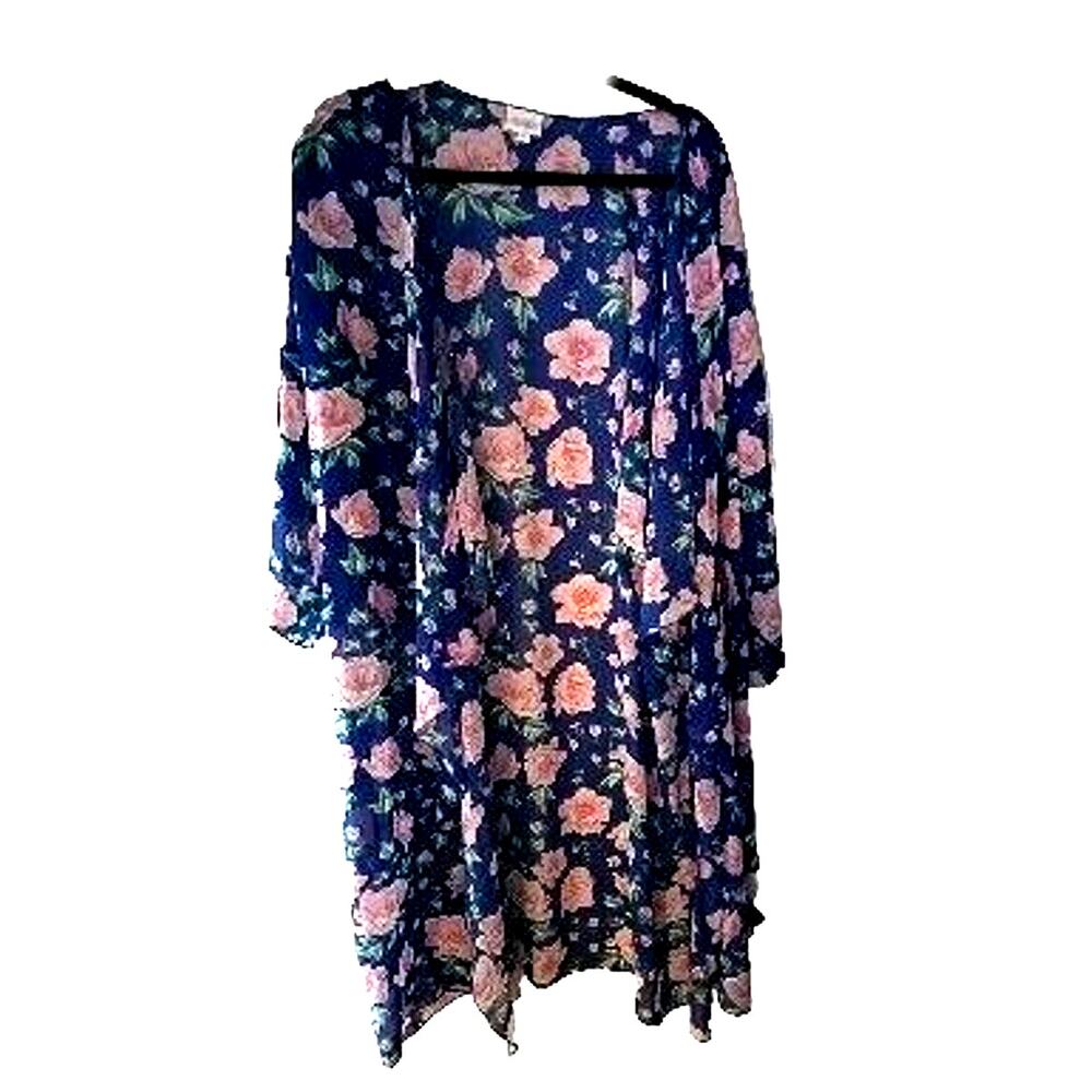 LuLaRoe Shirley Blue Floral Open Front Long Sleeve Kimono Top Womans Size XL